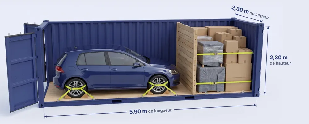 Conteneur 20 pieds vu en coupe : une voiture calée et sanglée côté portes, derrière elle les cartons et les meubles sanglés ; intérieur 5,90 m × 2,30 m × 2,30 m — image d’illustration