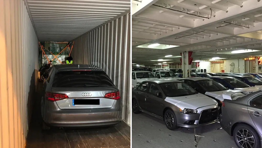Une voiture chargée dans un conteneur, et des voitures garées dans un navire roulier (RORO) — IFTL
