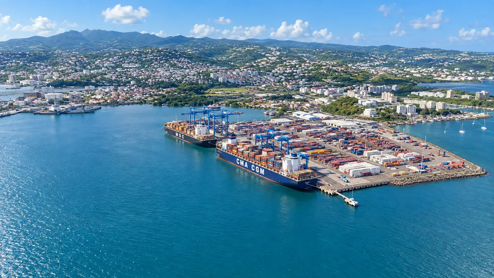 Vue aérienne d’un port à conteneurs dans une baie, deux porte-conteneurs à quai, collines verdoyantes à l’arrière-plan