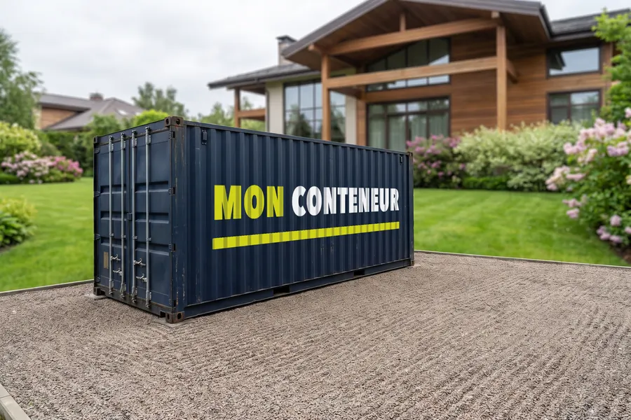 Conteneur maritime bleu marine marqué « MON CONTENEUR », posé au sol devant une maison — image d’illustration