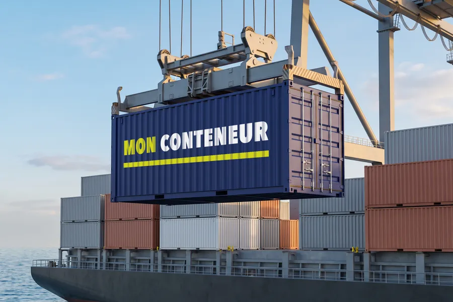 Conteneur maritime bleu marine marqué « MON CONTENEUR », soulevé par une grue au-dessus d’un porte-conteneurs — image d’illustration