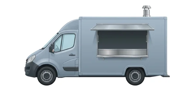 Food truck vu de côté, comptoir ouvert — IFTL