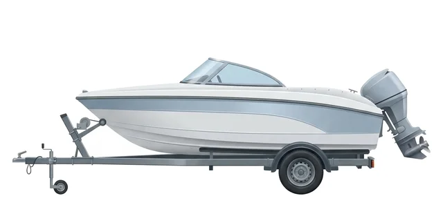 Bateau à moteur sur sa remorque, vu de côté — IFTL
